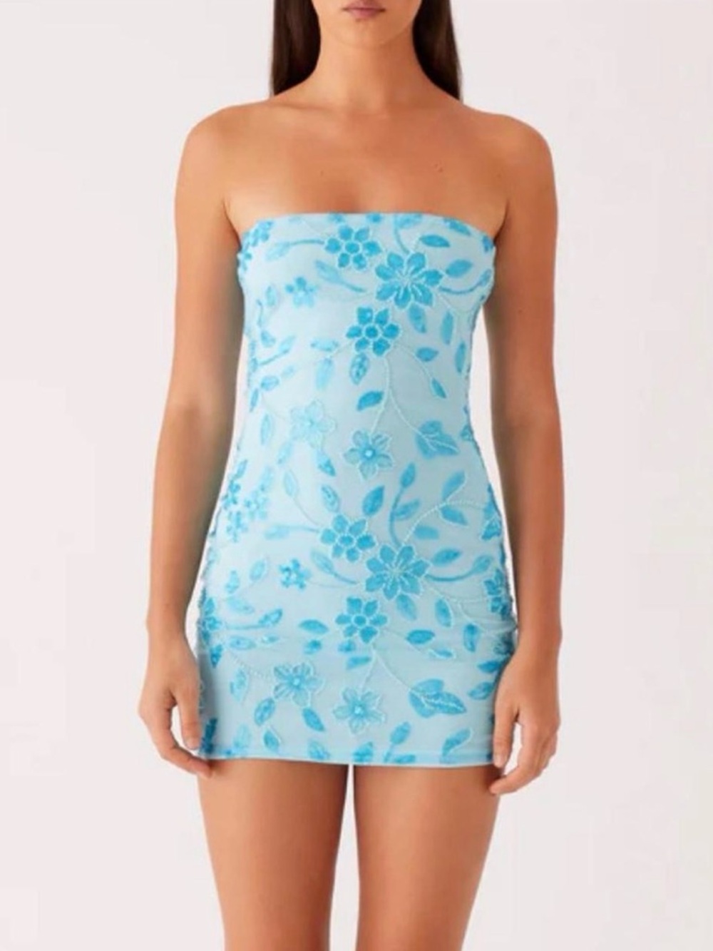 Peppermayo Strapless Light Blue Floral Mini Dress